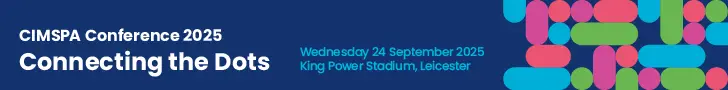 Text reads 'CIMSPA Conference 2025 - Connecting the dots, Wednesday 24 September 2025, King Power Stadium, Leicester' on a navy blue background with circle shapes in blue, pink, green and salmon to the right hand side