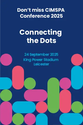 Text reads 'CIMSPA Conference 2025 - Connecting the dots, Wednesday 24 September 2025, King Power Stadium, Leicester' on a navy blue background above circle shapes in blue, pink, green and salmon