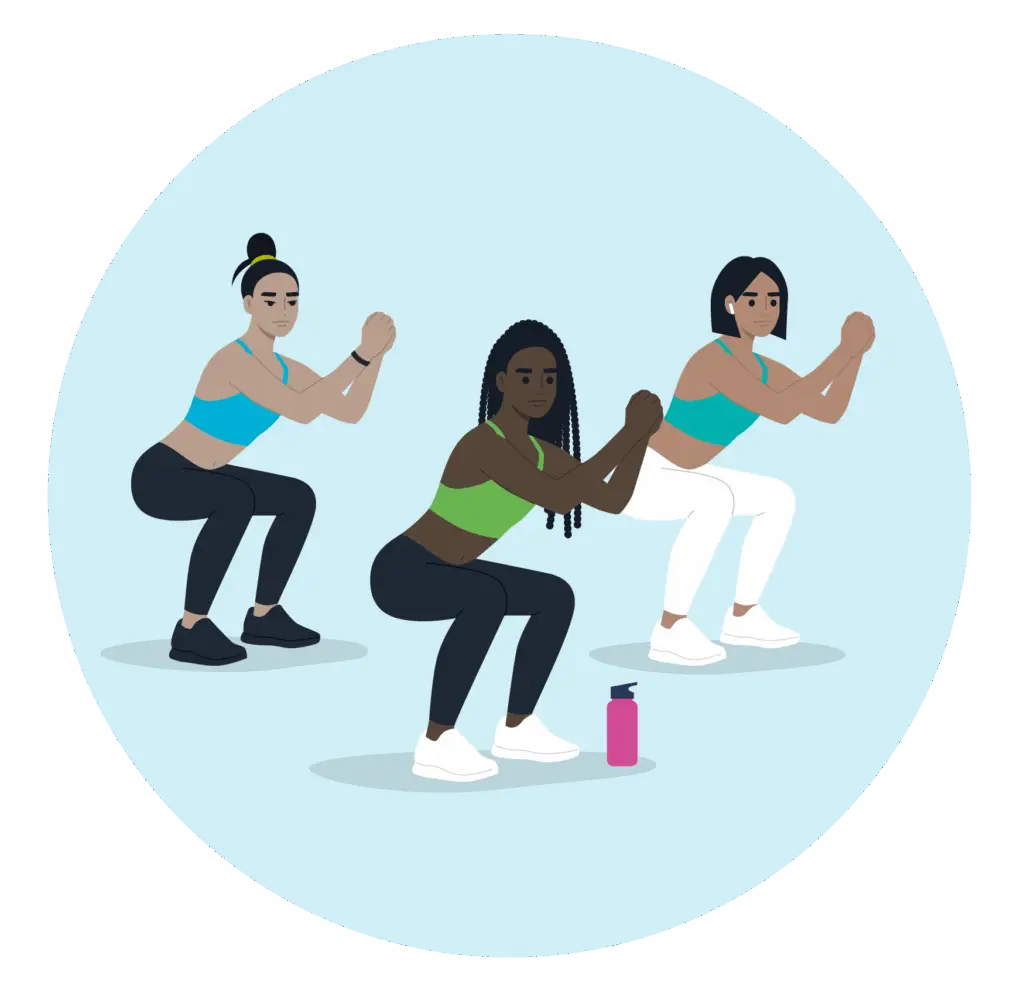 Cartoon of a character we've called Prisha who is crouching, mid-workout with two other females
