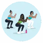 Cartoon of a character we've called Prisha who is crouching, mid-workout with two other females