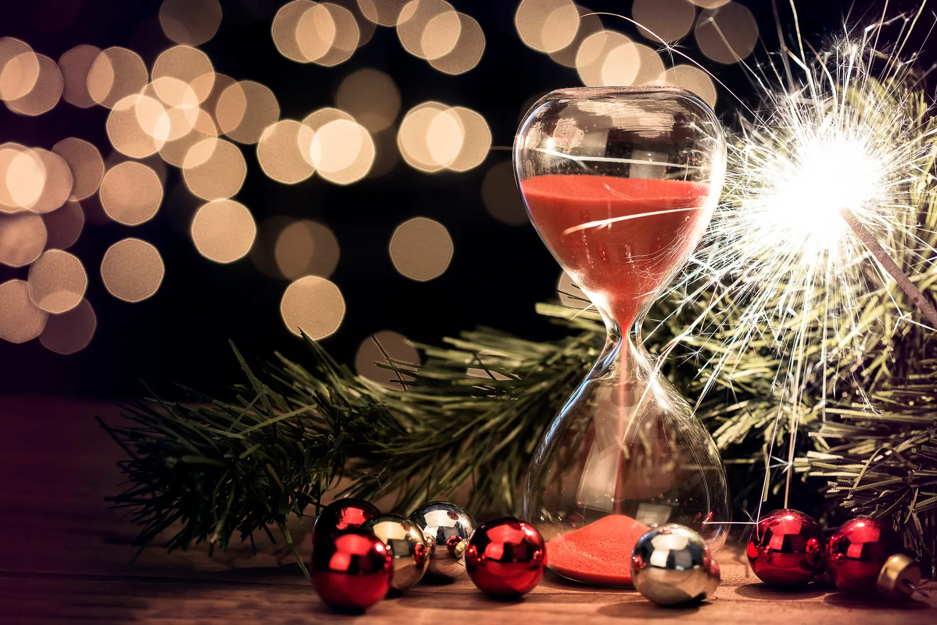A timer surrounded by festive decorations
