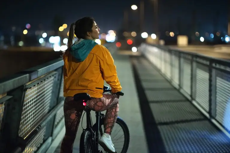 Rear view night shot of a young woman biking in the city street.