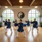 A Tai Chi class takes place in a studio