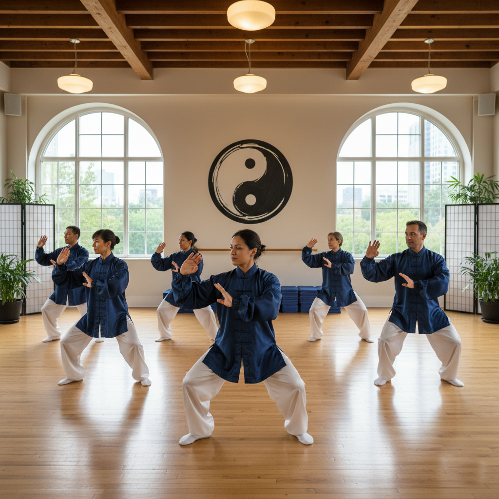 A Tai Chi class takes place in a studio