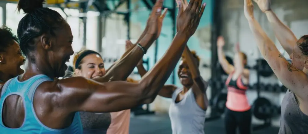 A group of women high-five in a gym
