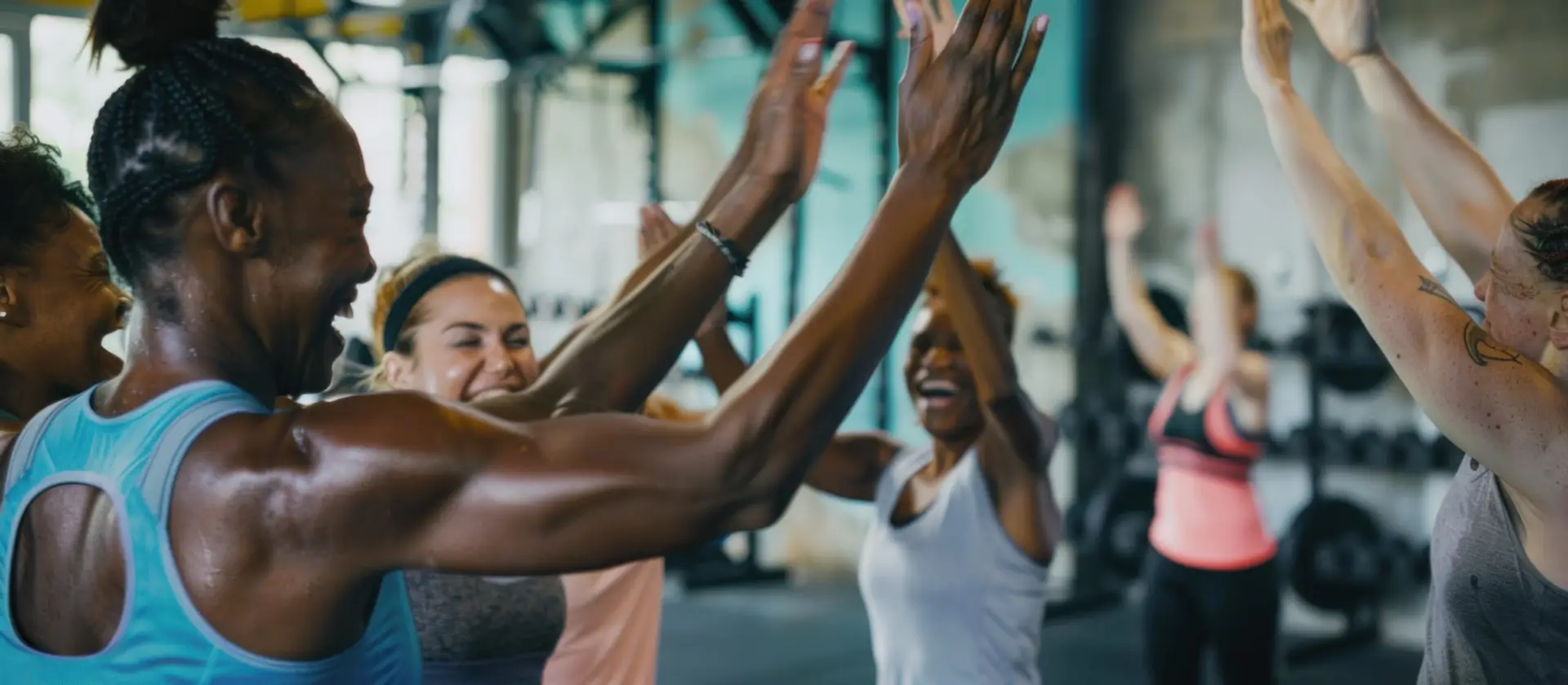 A group of women high-five in a gym