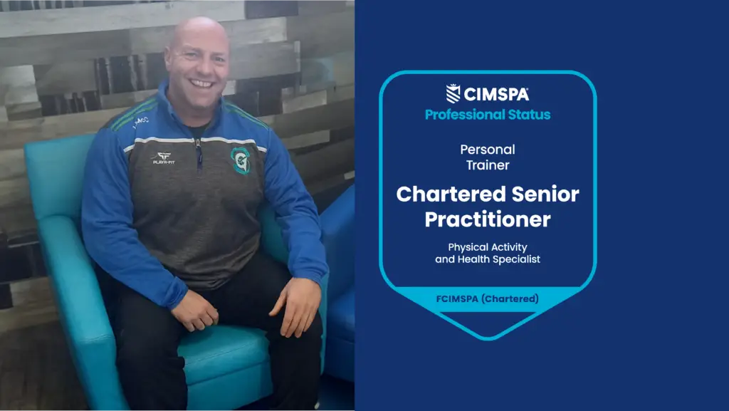 Liam sitting in a chair smiling at the camera. To the right is his professional status credential.