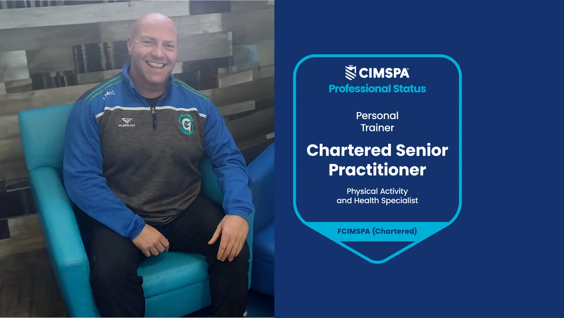 Liam sitting in a chair smiling at the camera. To the right is his professional status credential.